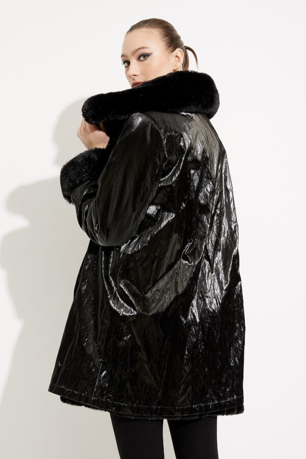 Black shiny store faux fur coat