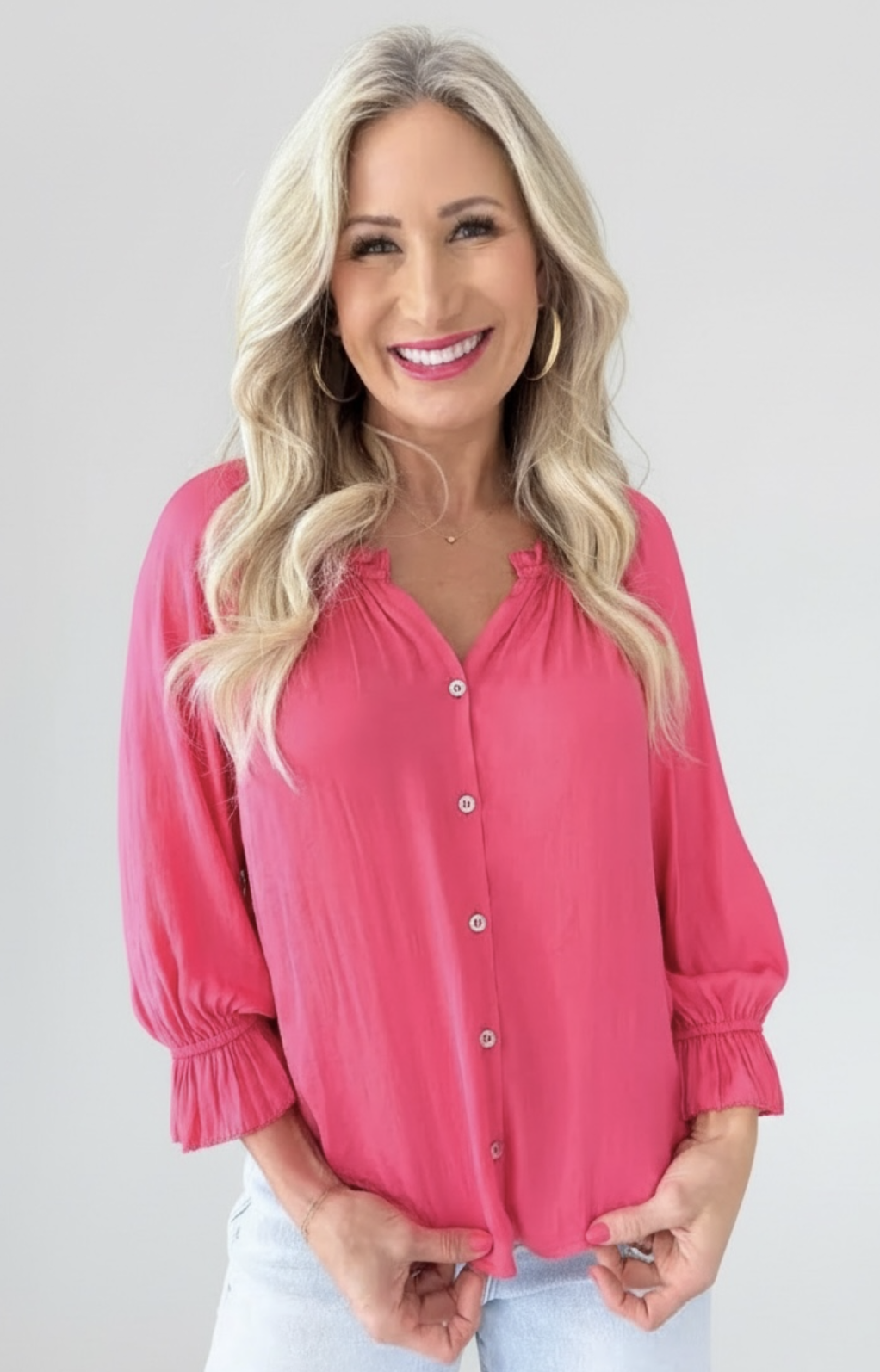 3/4 Sleeve Woven Top W/Ruffle Details LM8K96PS3