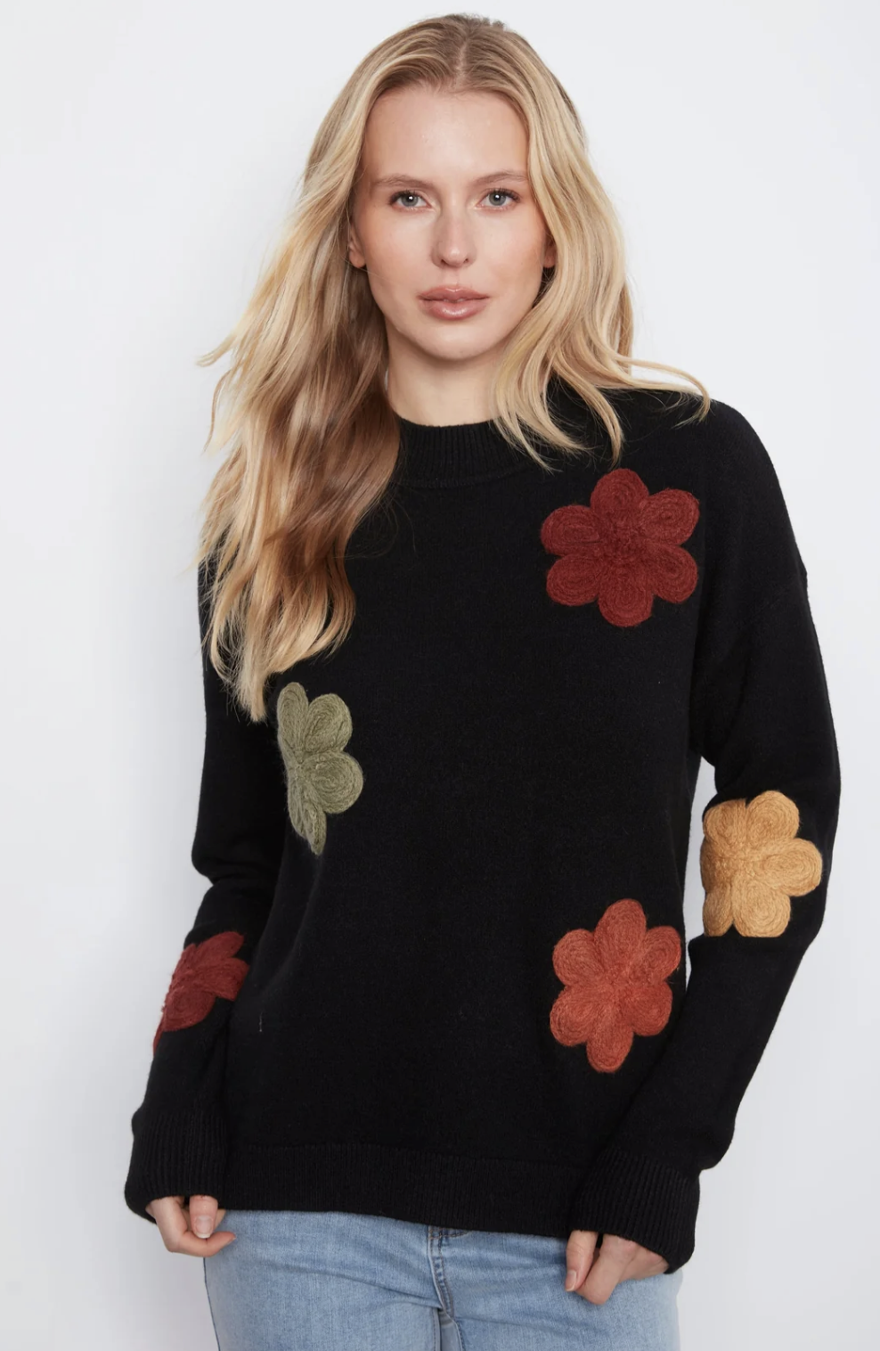 Long Sleeve Drop Shoulder Flower Applique Sweater C2012