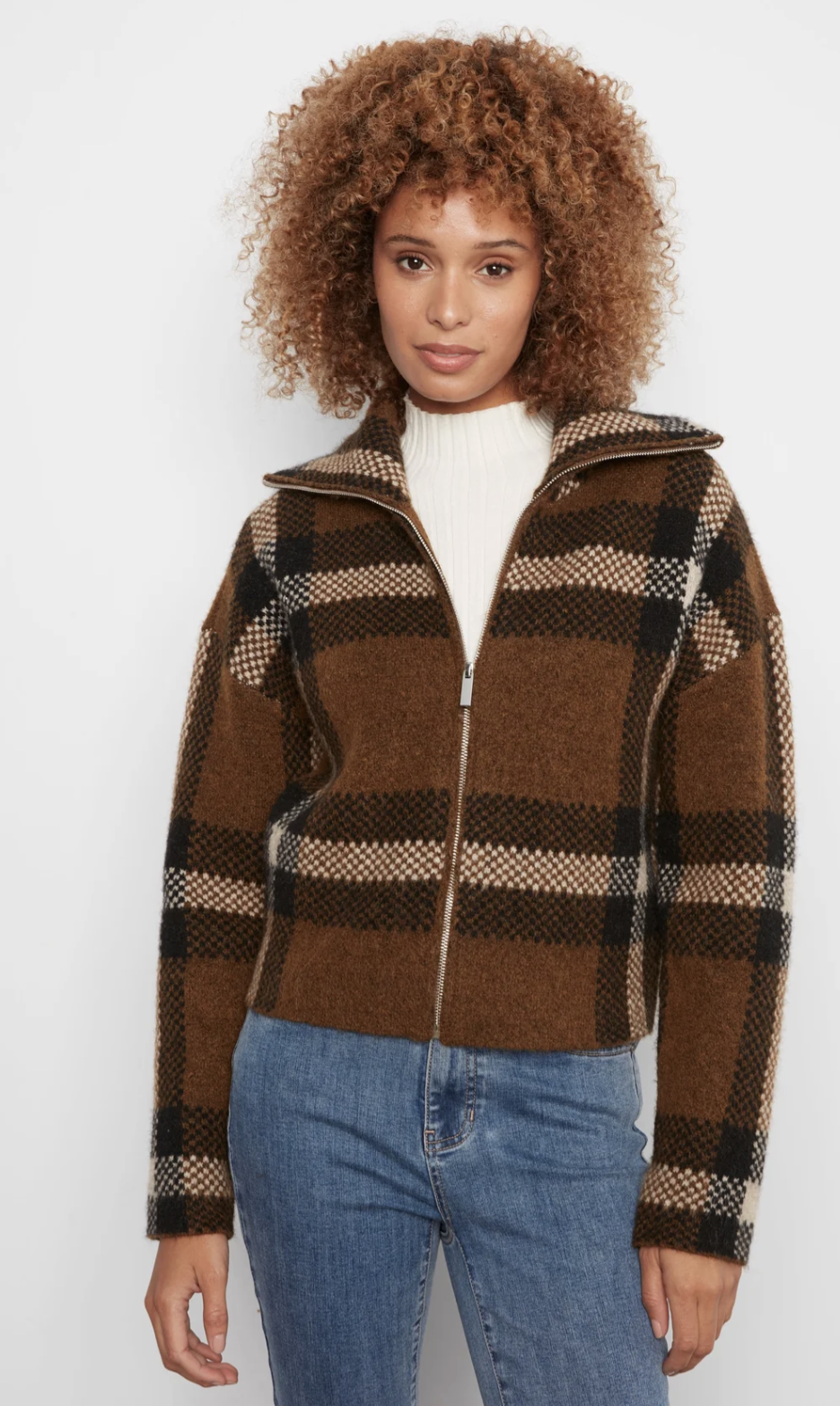 Long Sleeve Front Zip High Collar Cardigan In Plaid Sweater Jacquard C2177