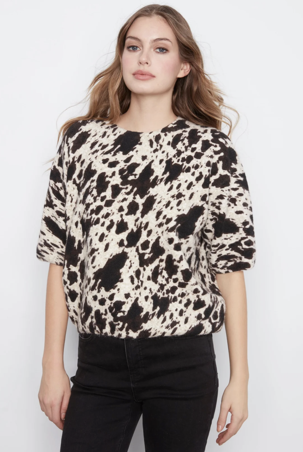 Elbow Sleeve Balloon Shape Printed Sweater C2858RP