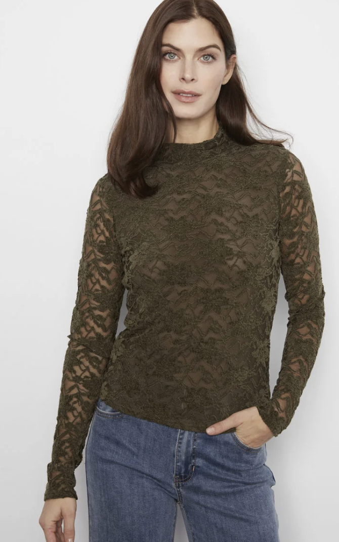 LFlocked Lace Long Sleeve Mock Neck Top Lined At Body C1470PK