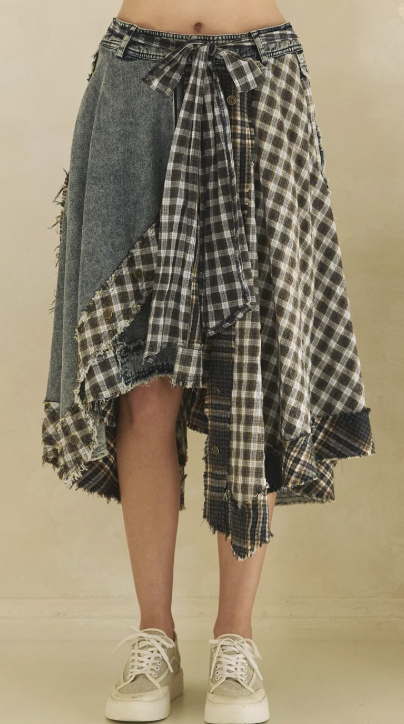 Asymmetrical Draped Plaid Denim Mix Skirt BP1150