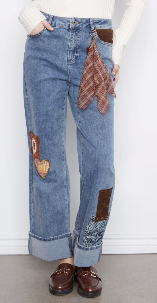 Straight Leg Cuffed Pants With Patches And Studs C5852