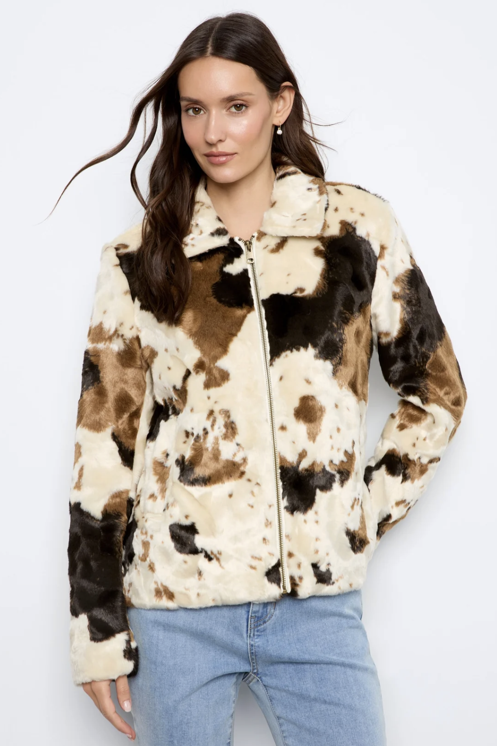 Long Sleeve Fur Jacket In Cow Pattern C6441