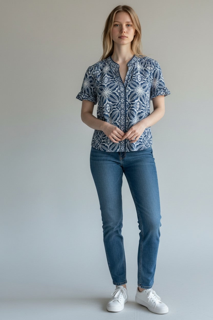 Flutter Slv Mix Print Button Front Woven Top LM8L32HC8P10