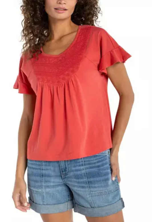 Flutter Slv Woven to Knit Top W/ Emb LM8G19KA94E2