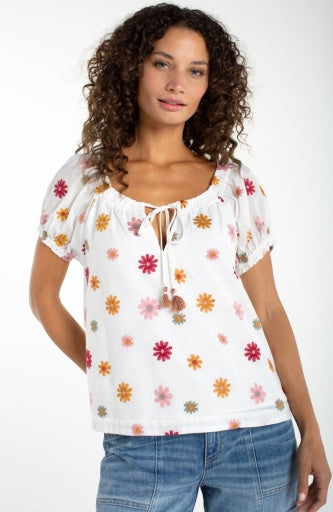 Short Sleeve Tie Neck Woven Top LM8K66WV98