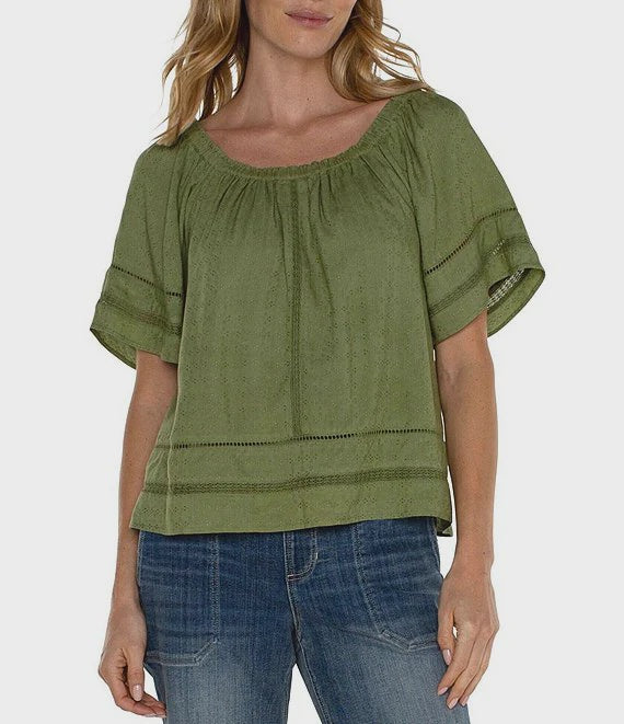 Cropped Bell Sleeve Woven Top W/Lace Trim