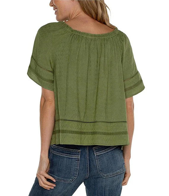 Cropped Bell Sleeve Woven Top W/Lace Trim