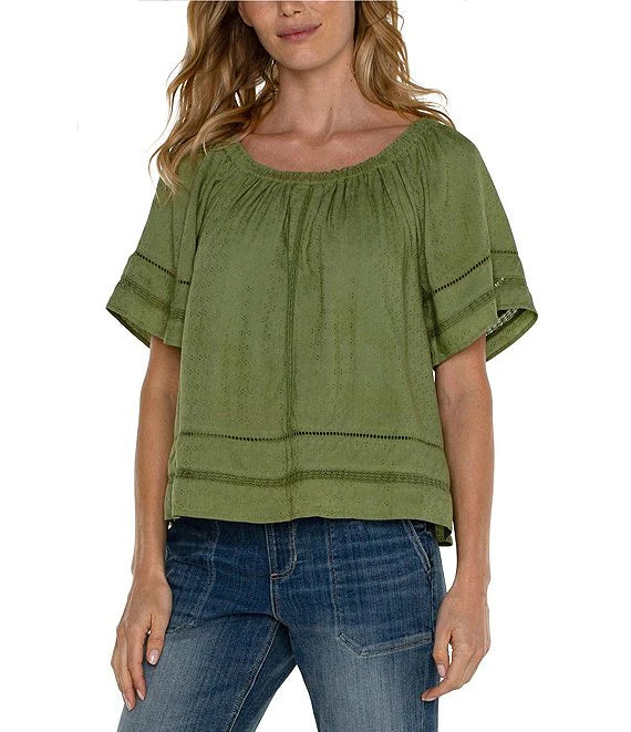 Cropped Bell Sleeve Woven Top W/Lace Trim