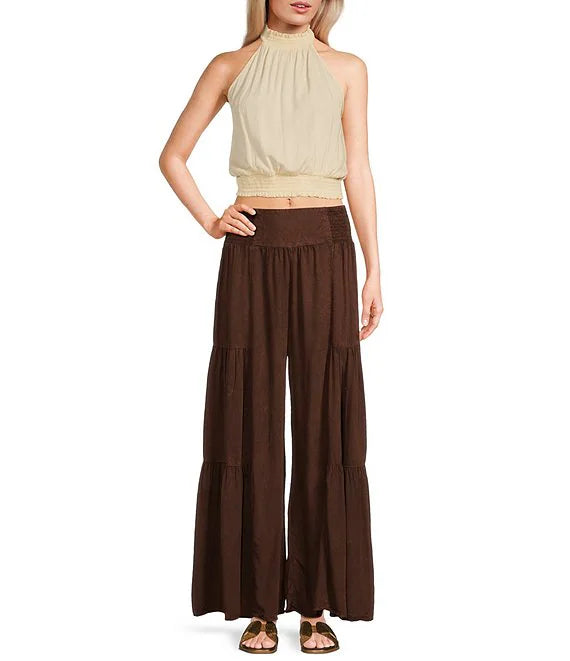 Smocked Waist Tiered Wide Leg Pant