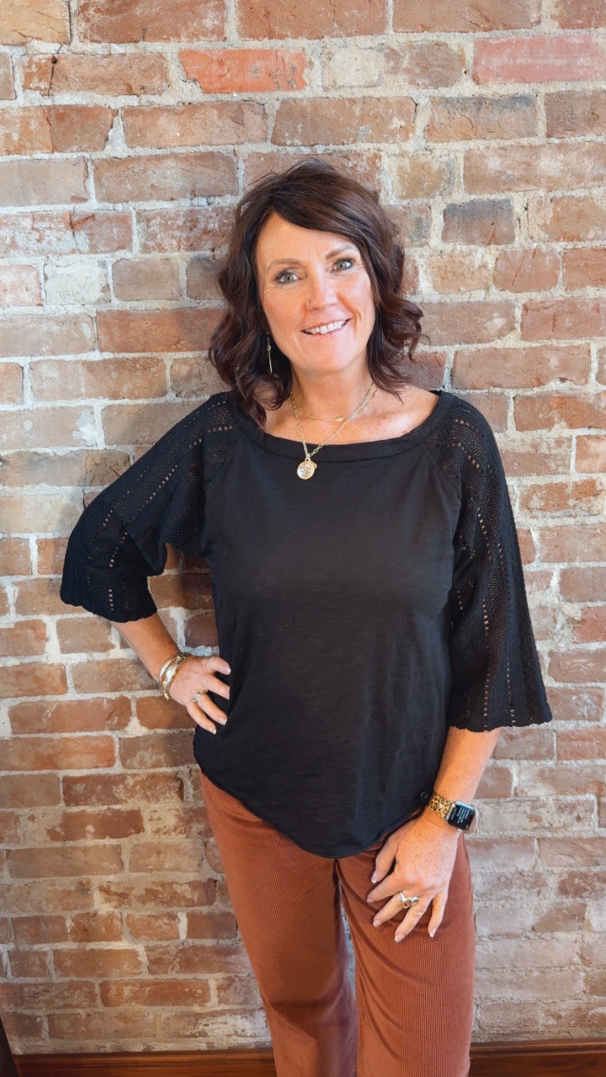 3/4 Lace Sleeve Boatneck Top 46F-A6049