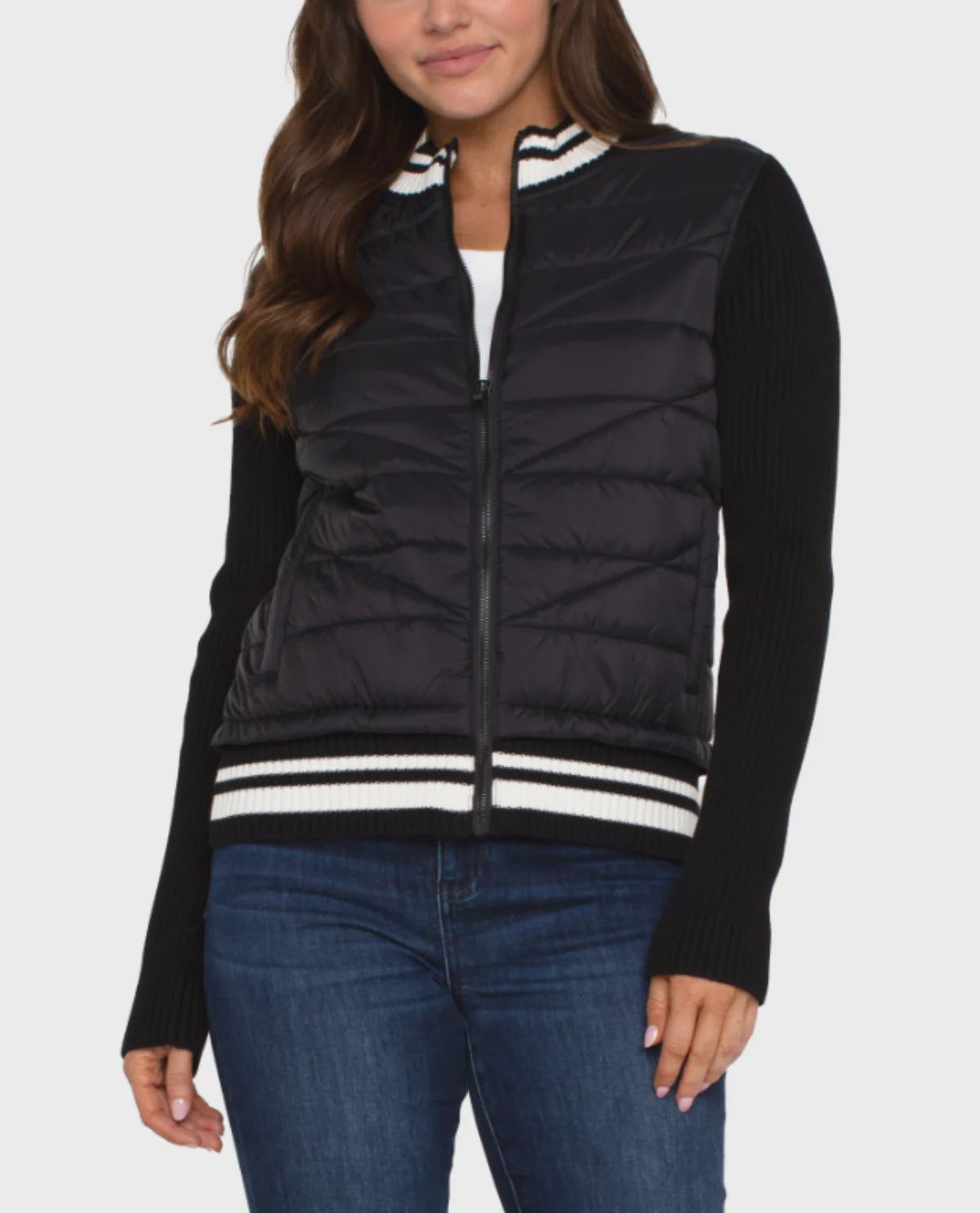 Long Sleeve Quilted Front Full Zip Sweater