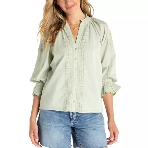 3/4 Sleeve Button Front Woven Top W/Embroidery LM8K15EE60E2