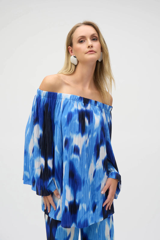Pleated Novelty Tropical Print Off-Shoulder Top 252227