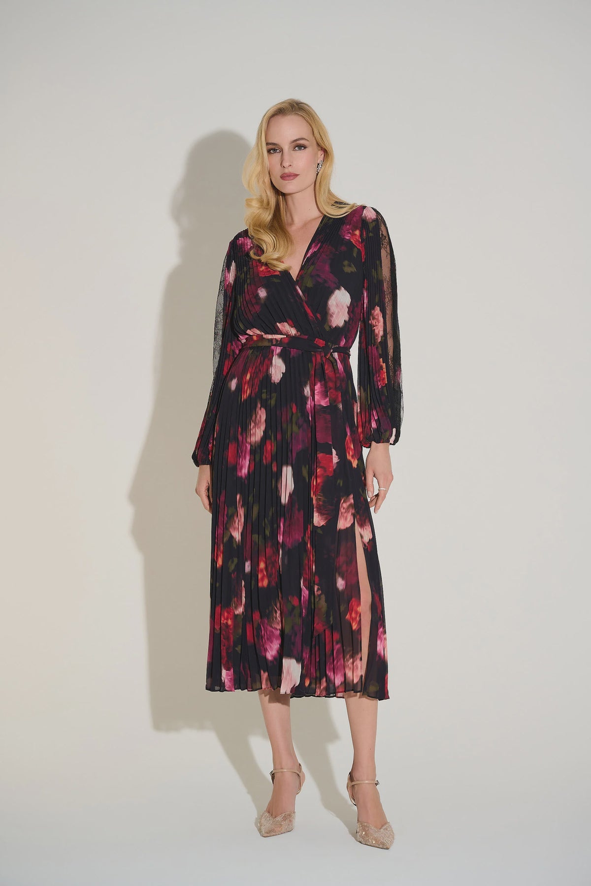 Pleated Chiffon Floral Fit And Flare Dress 253774