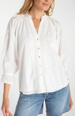 3/4 Sleeve Button Front Woven Top W/Embroidery LM8K15EE60E2