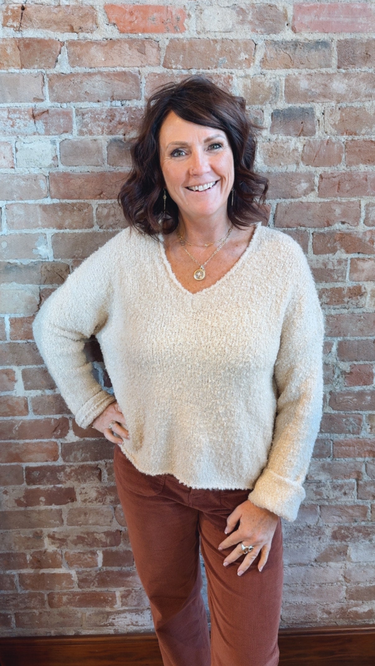 V-Neck Boucle Sweater 46F-A5944