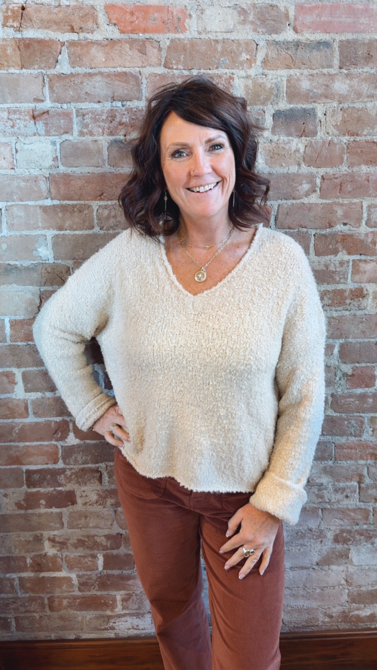 V-Neck Boucle Sweater 46F-A5944