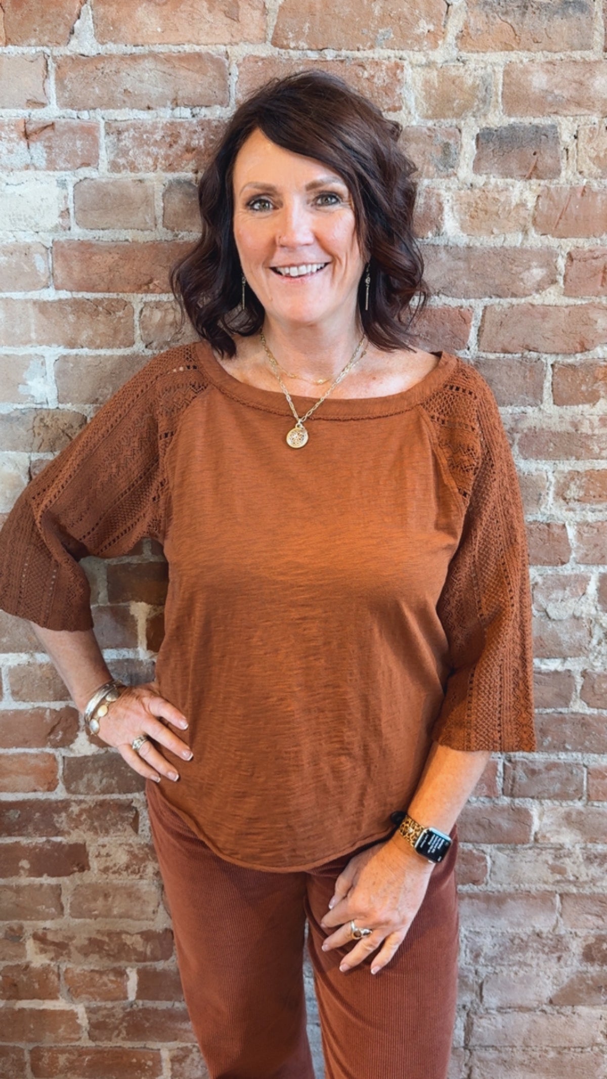 3/4 Lace Sleeve Boatneck Top 46F-A6049