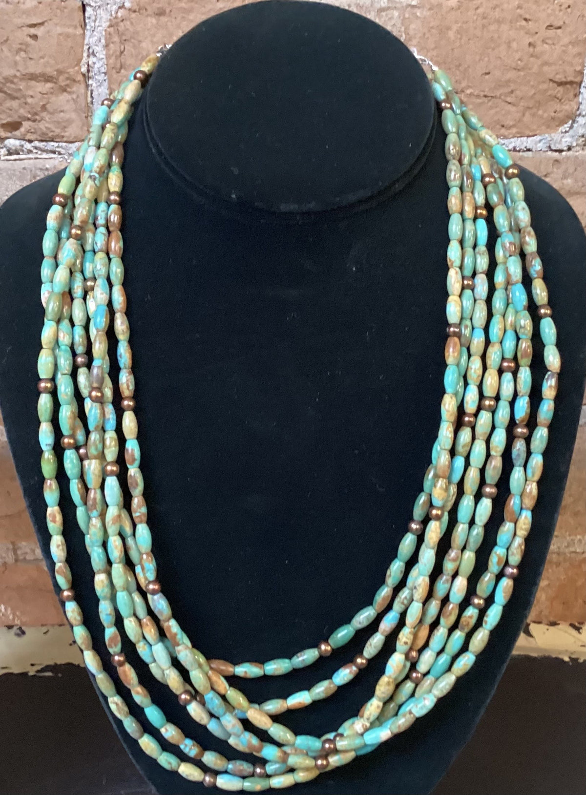 7Strand Green Tube Turq Necklace W/Brown Rice Pearls And Sterling Silver 278B