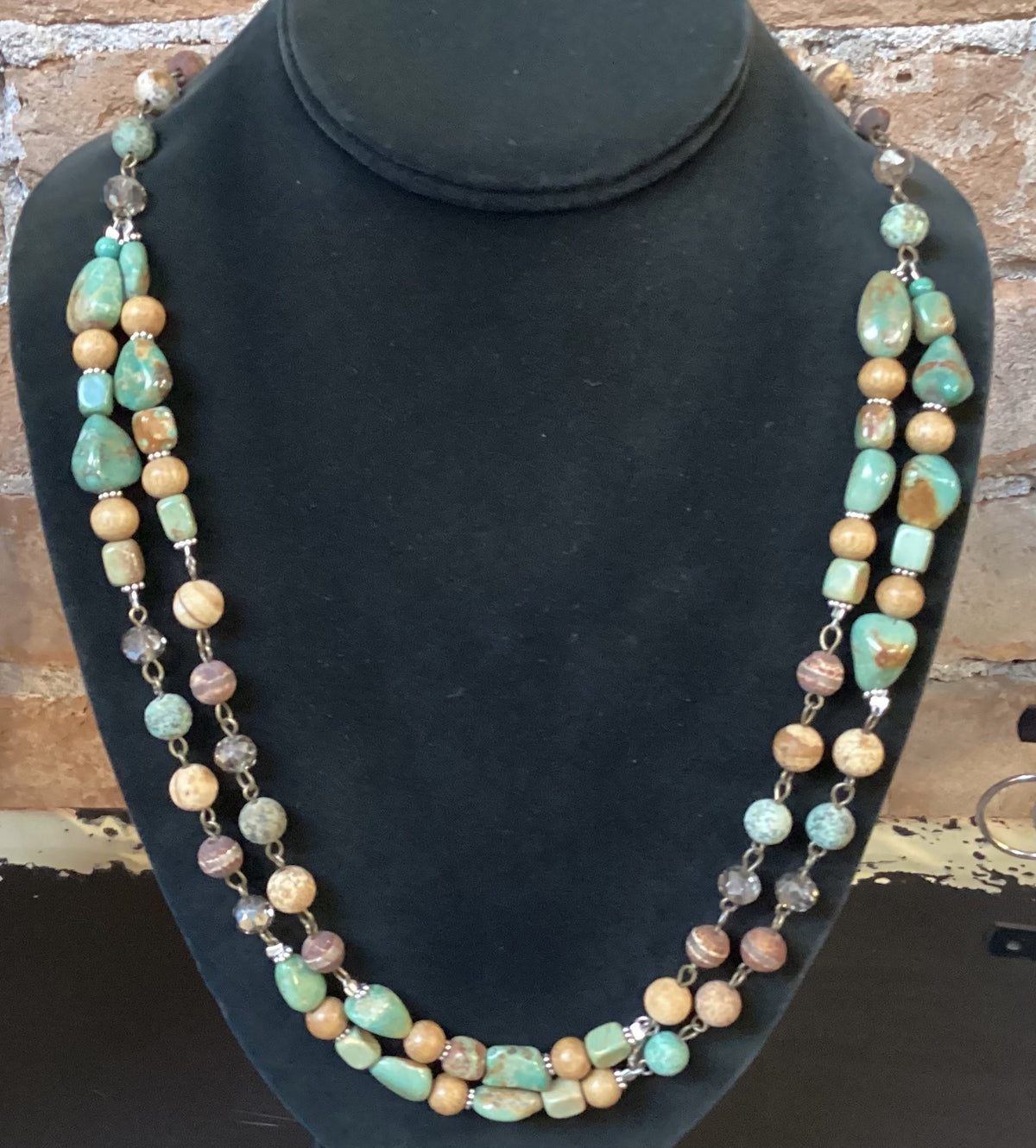 TQ &amp; Jasper Chain Long Necklace W/Crystals 294B