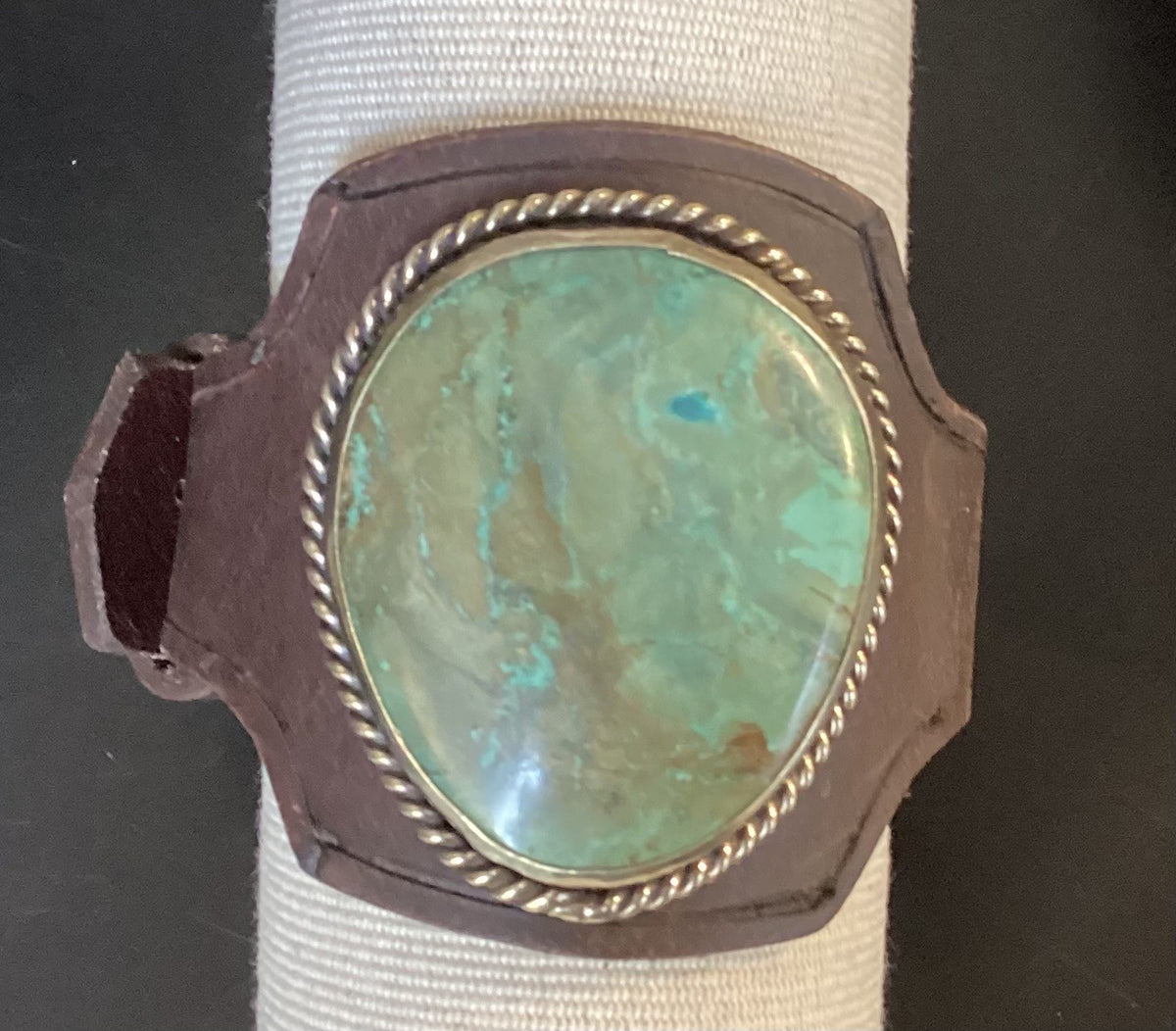 TQ Slab Leather Bracelet Free Form Solid Stone Set In German Silver 285B