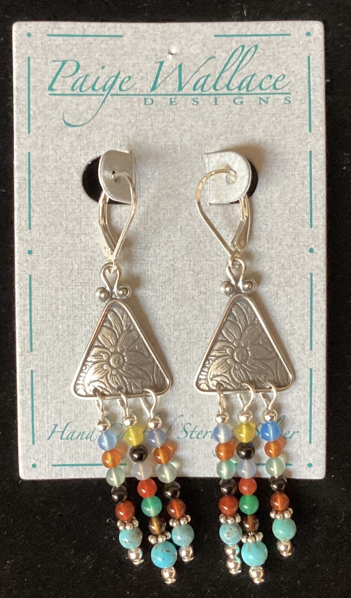 Sterling Silver Triangle Earring W/Sterling Hook And Multi Stones &amp; Turq Stones 298DE