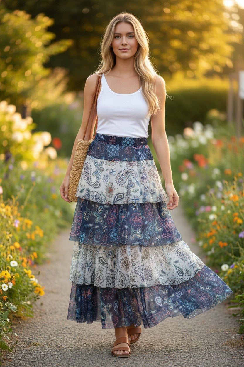 Printed Tiered Maxi Skirt 194807D