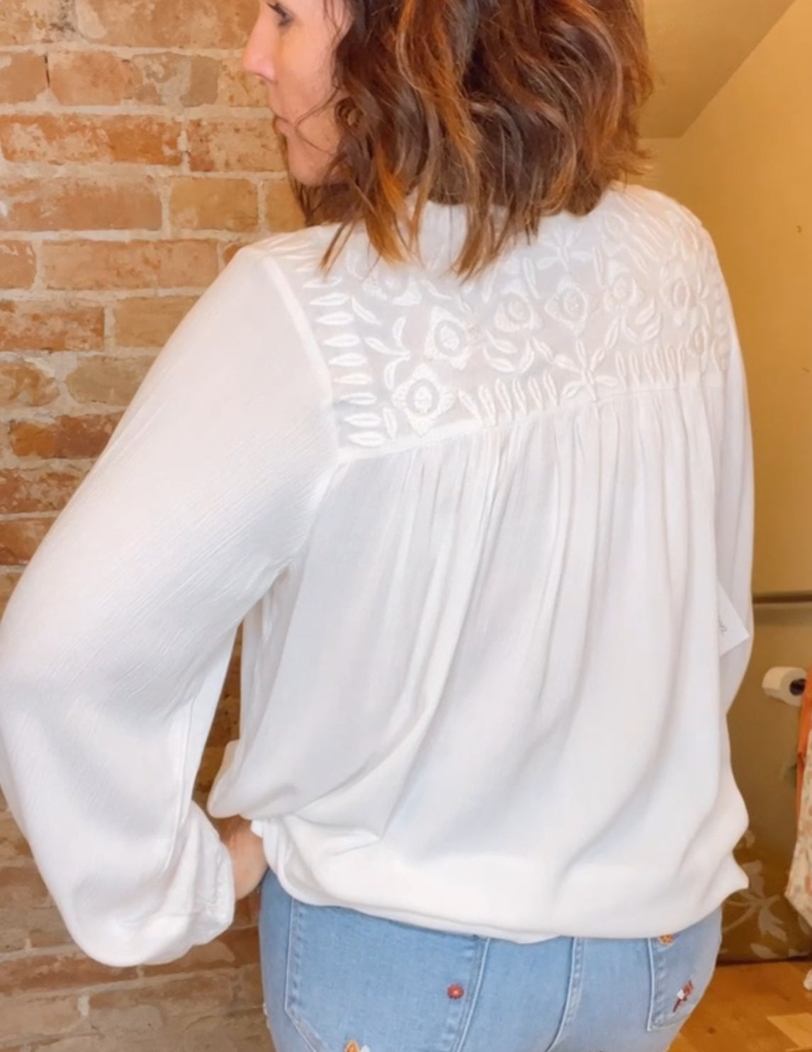 L/S Blouse W/Embroidered Yoke