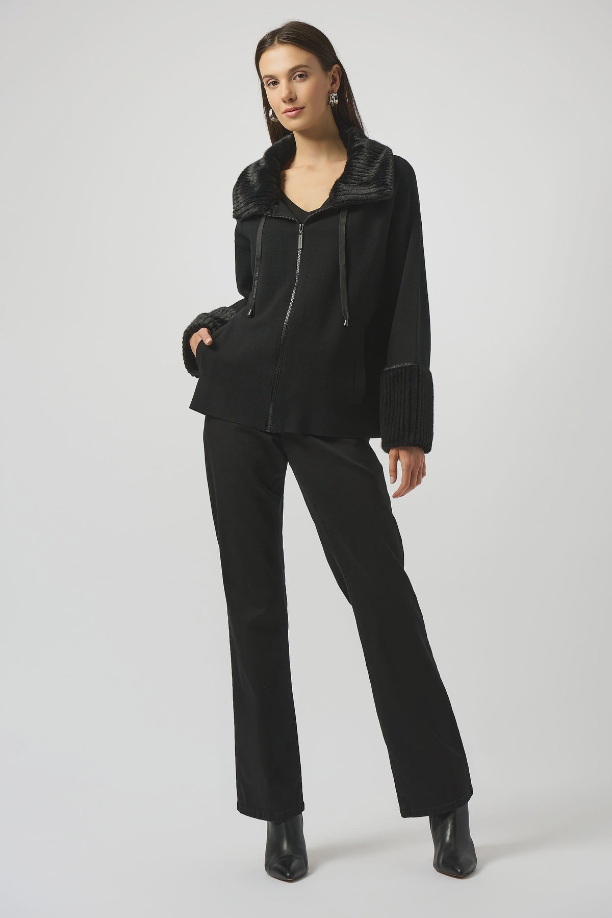 Sweater Knit Coat With Fur Trim 253905