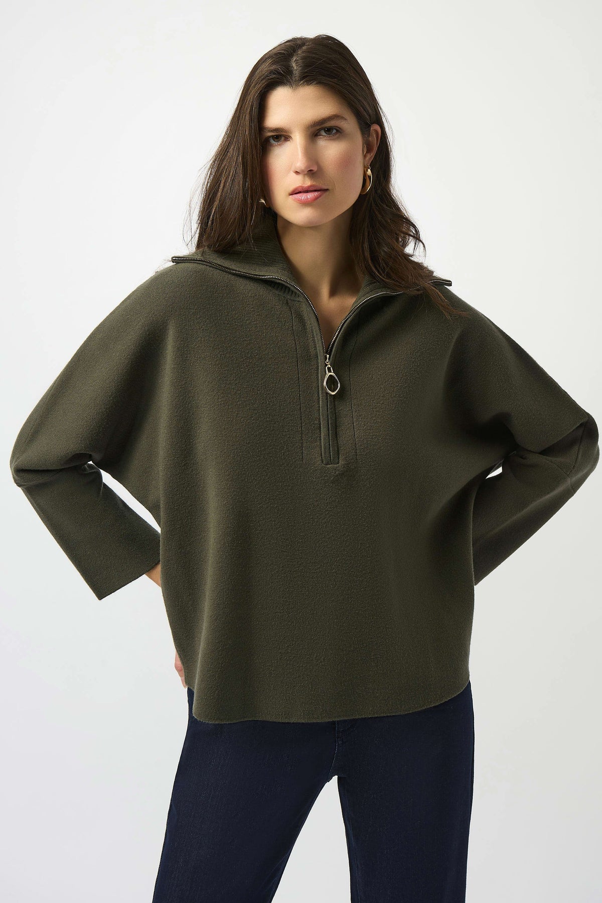 Sweater Knit Boxy Pullover W/Zip Collar 253963