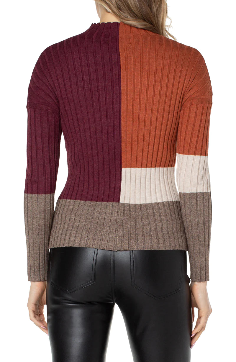 Mock Neck Pullover Sweater W/Colorblock