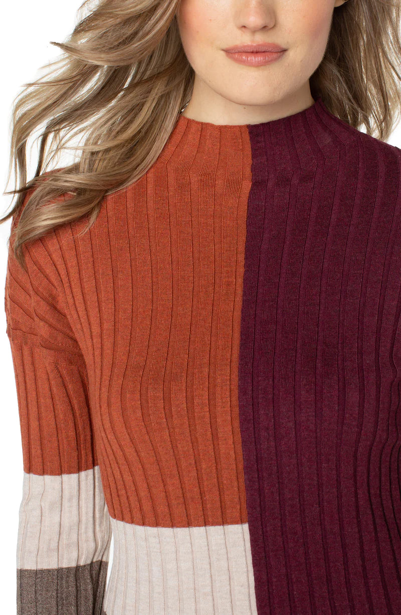 Mock Neck Pullover Sweater W/Colorblock