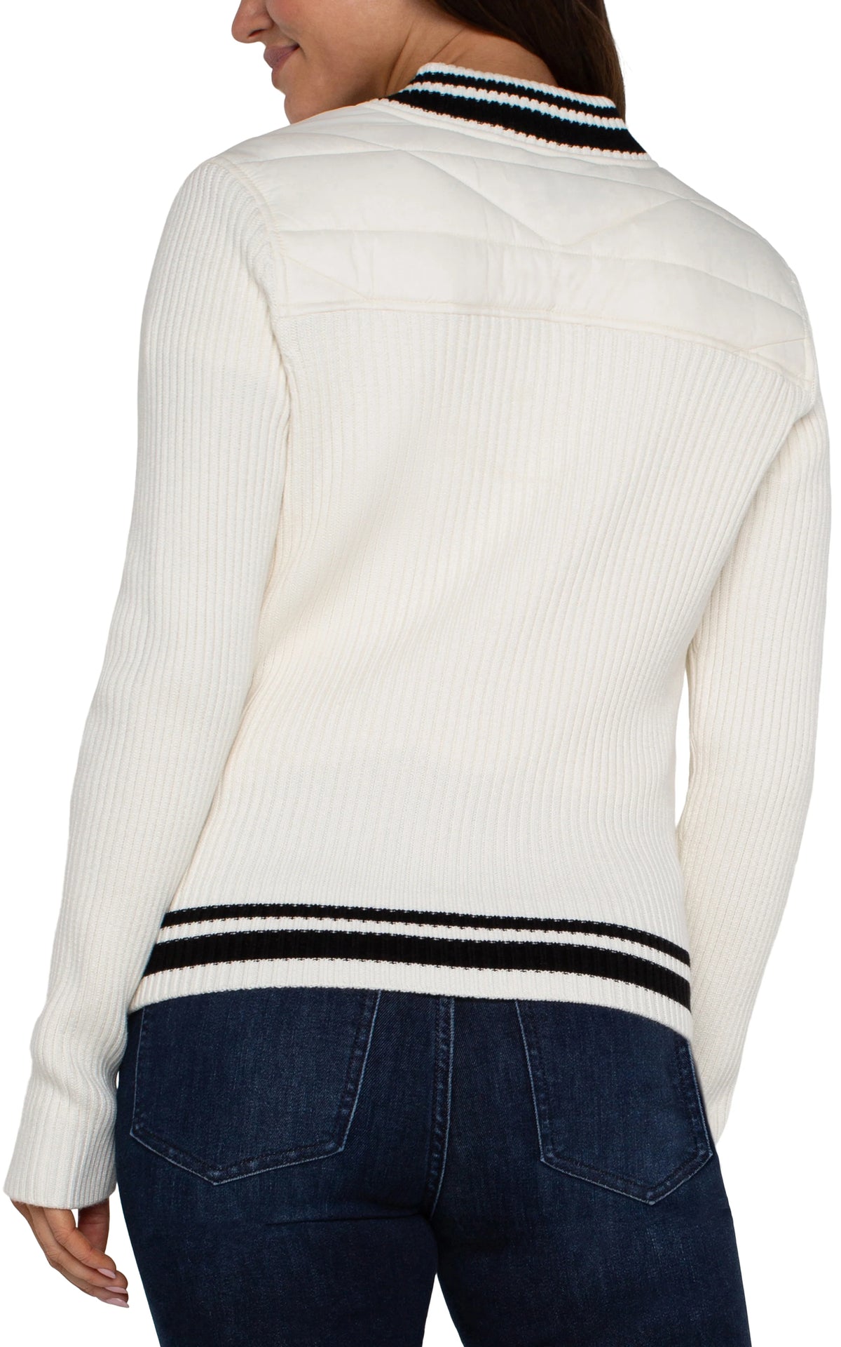 Long Sleeve Quilted Front Full Zip Sweater