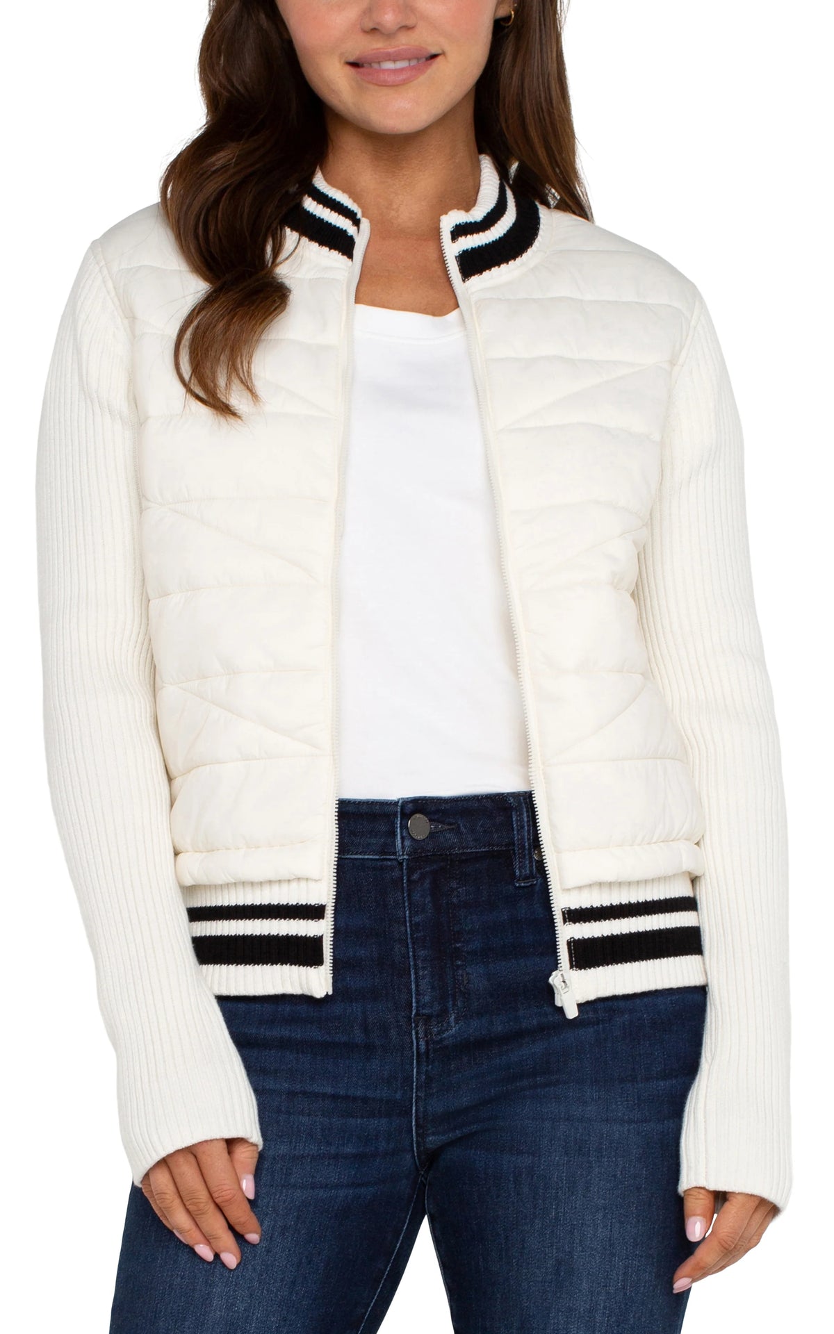 Long Sleeve Quilted Front Full Zip Sweater