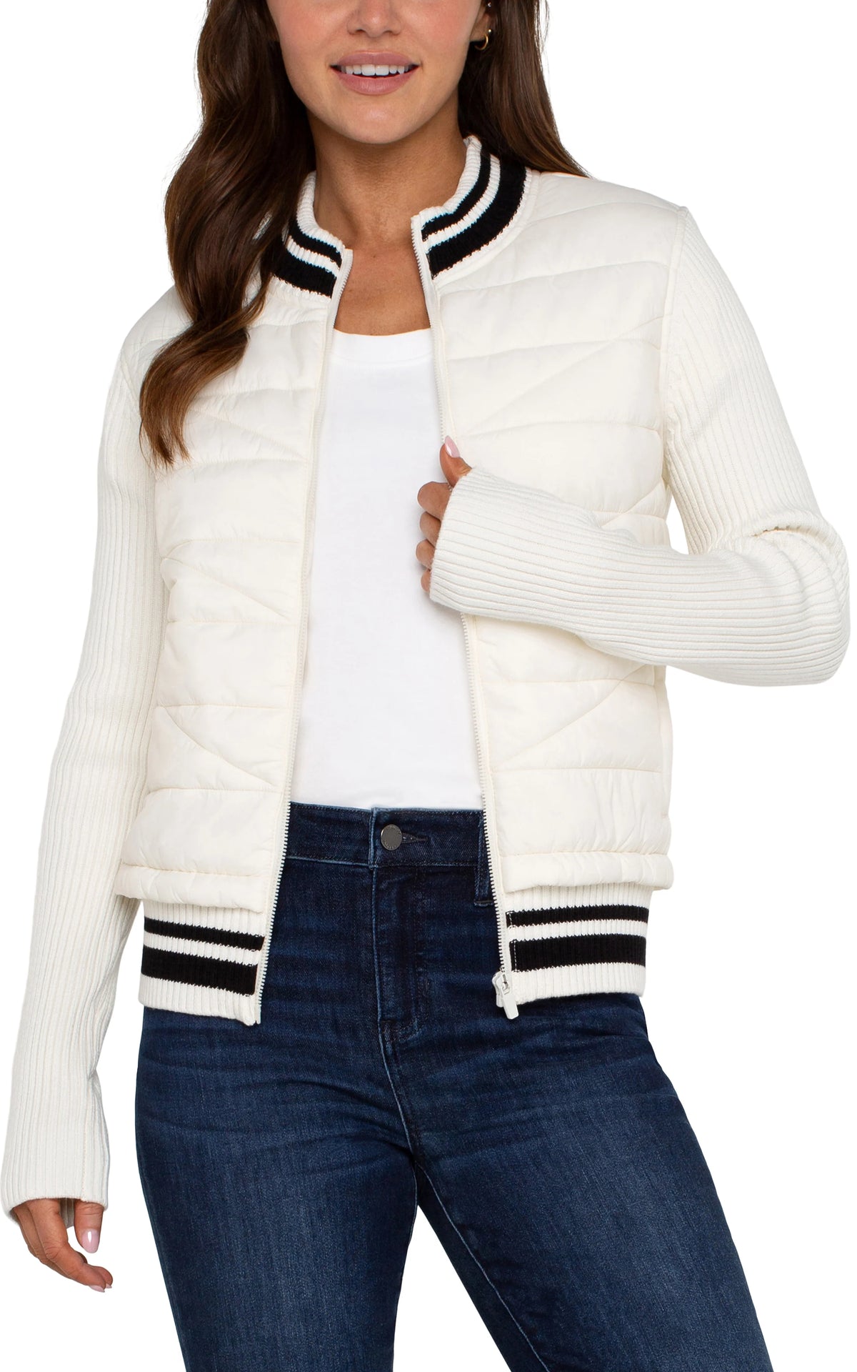 Long Sleeve Quilted Front Full Zip Sweater