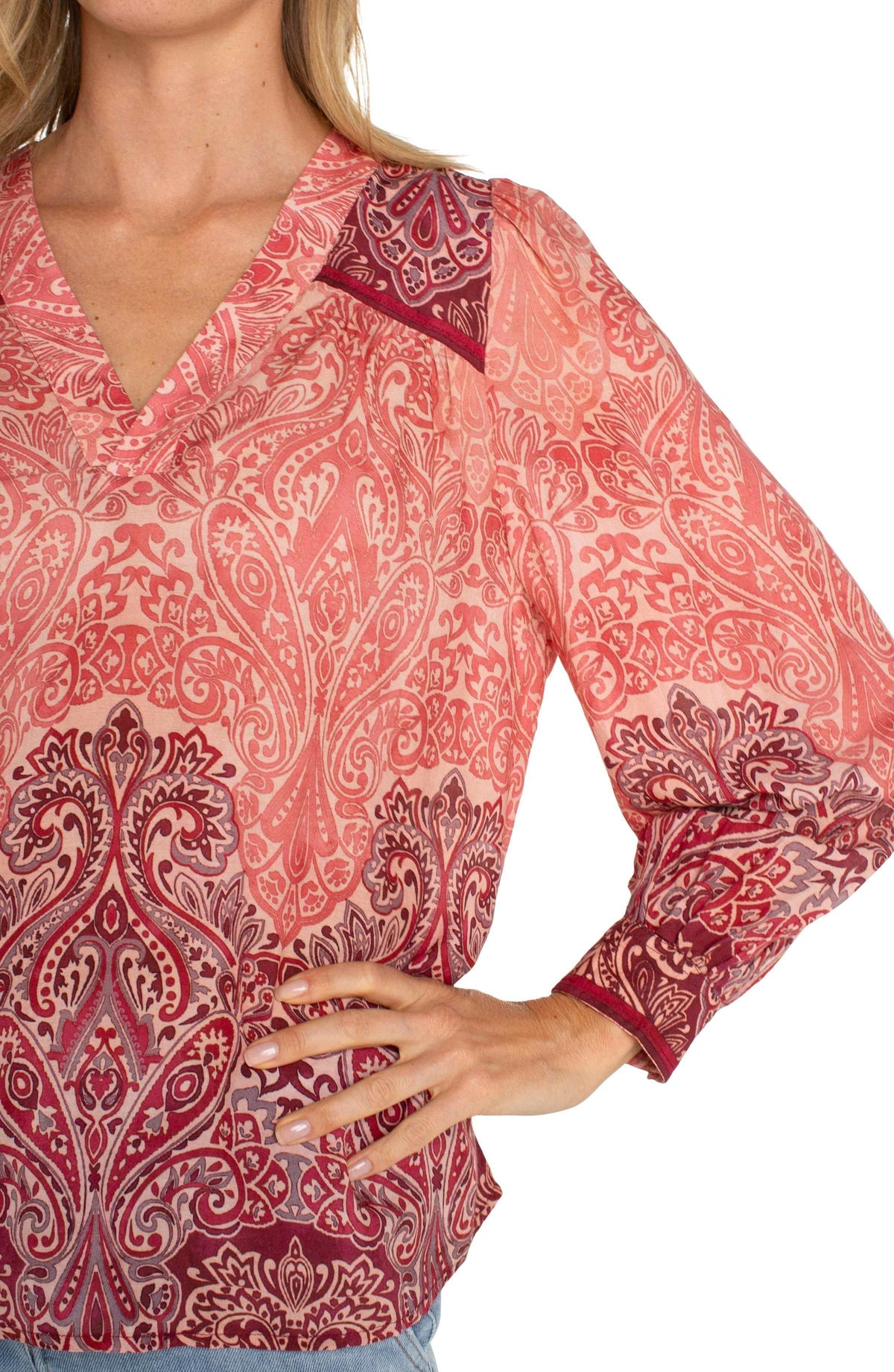 Long Sleeve V-Neck Popover Woven Blouse