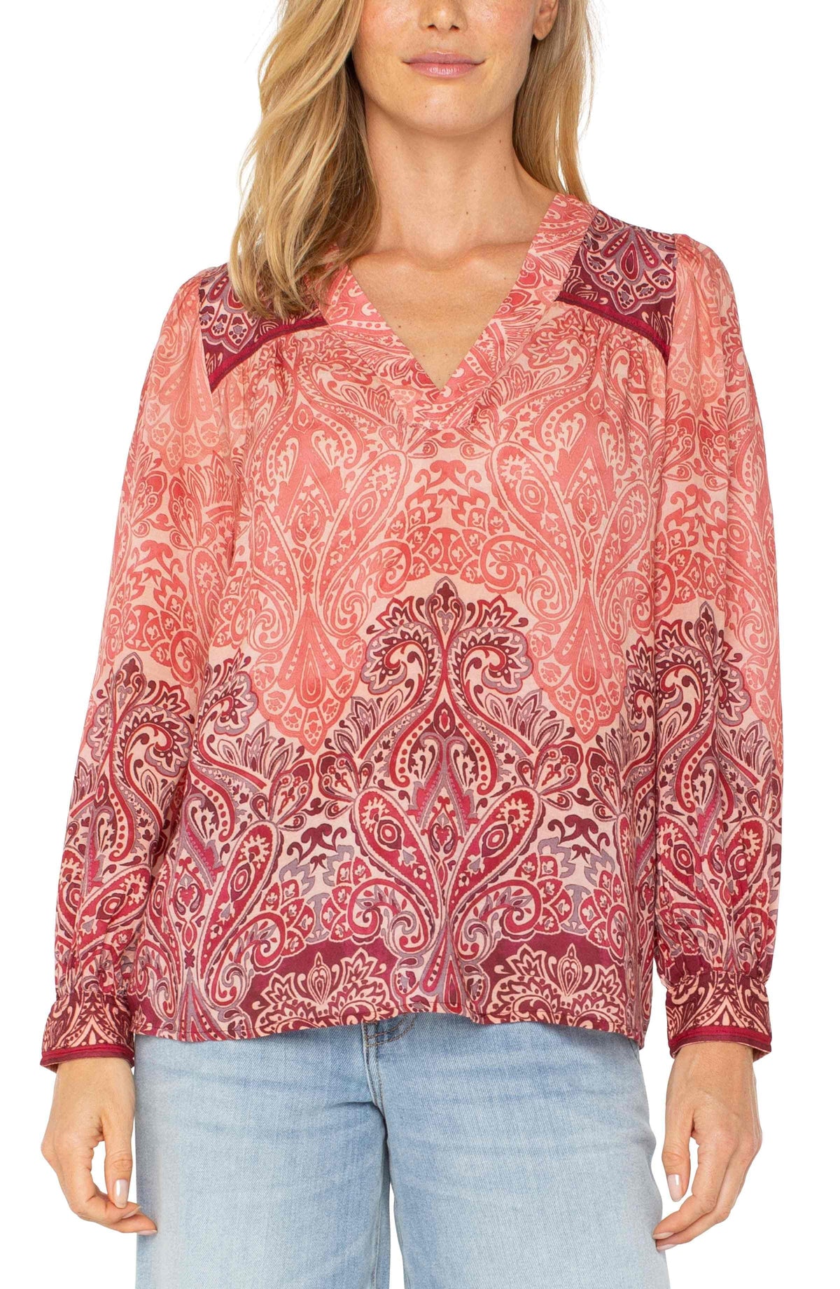 Long Sleeve V-Neck Popover Woven Blouse