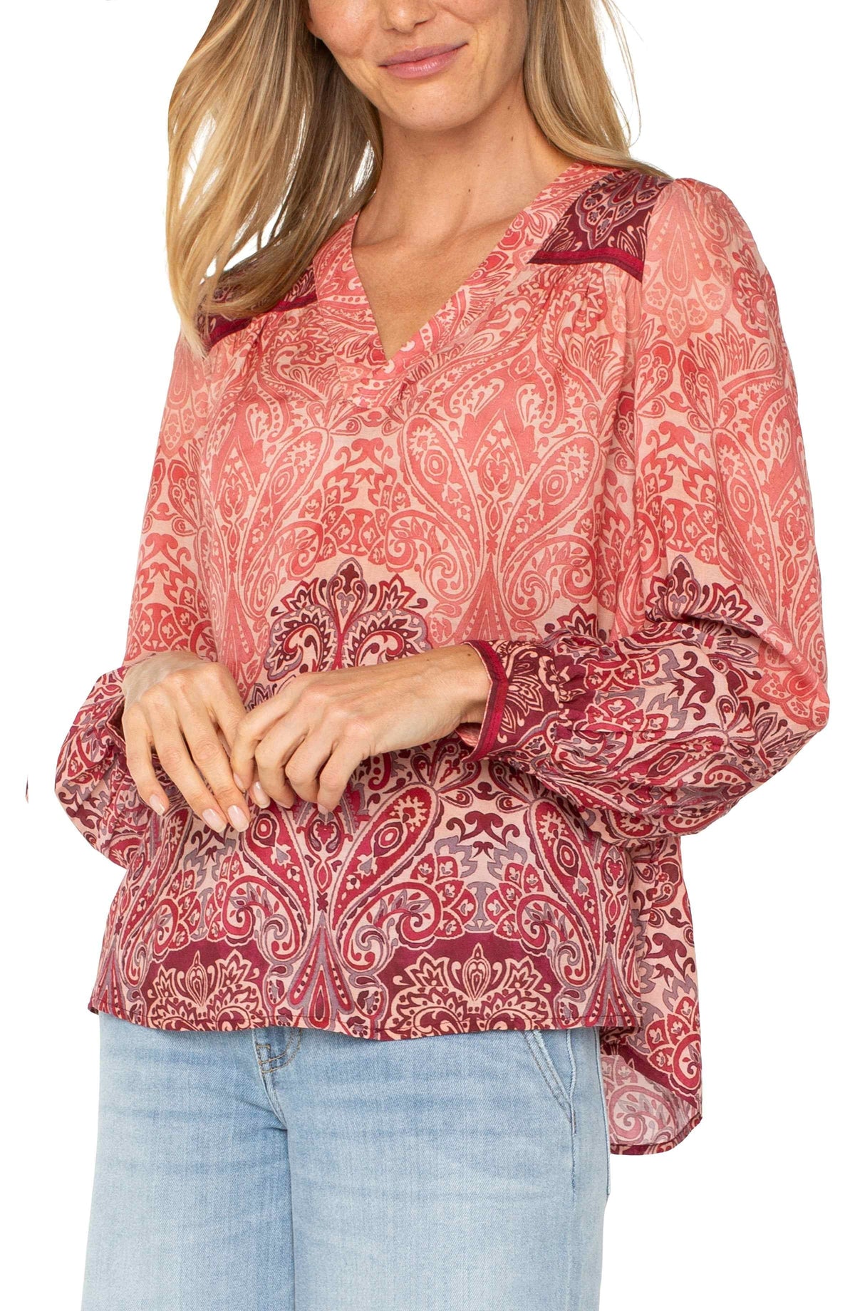 Long Sleeve V-Neck Popover Woven Blouse