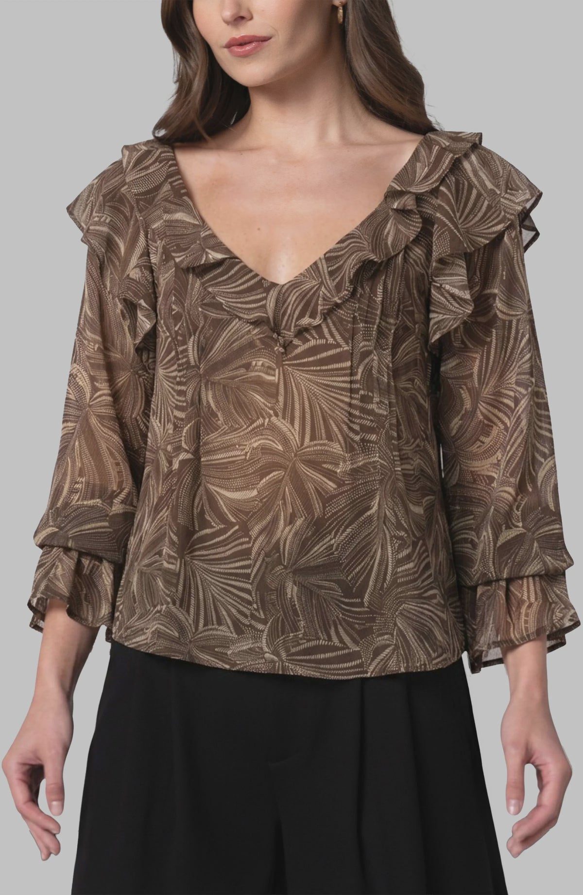 Long Sleeve Ruffle V-Neck Woven Blouse LM8M27PC8P38