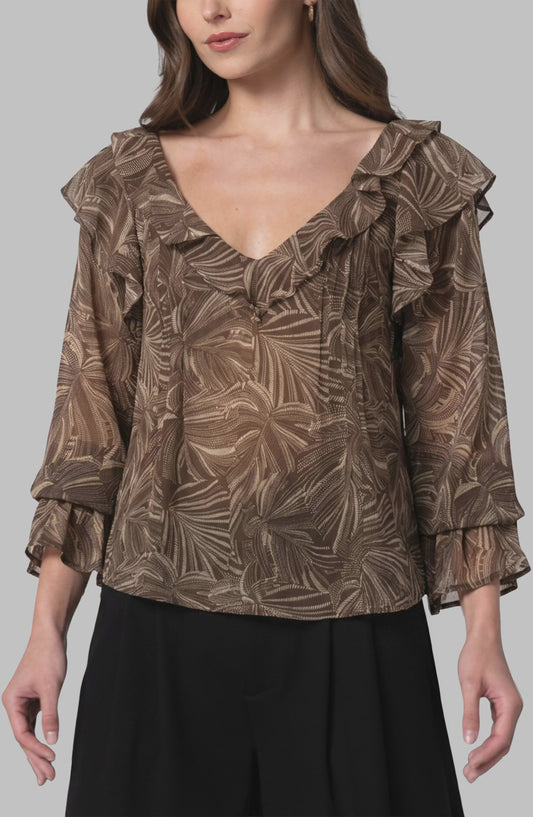 Long Sleeve Ruffle V-Neck Woven Blouse LM8M27PC8P38