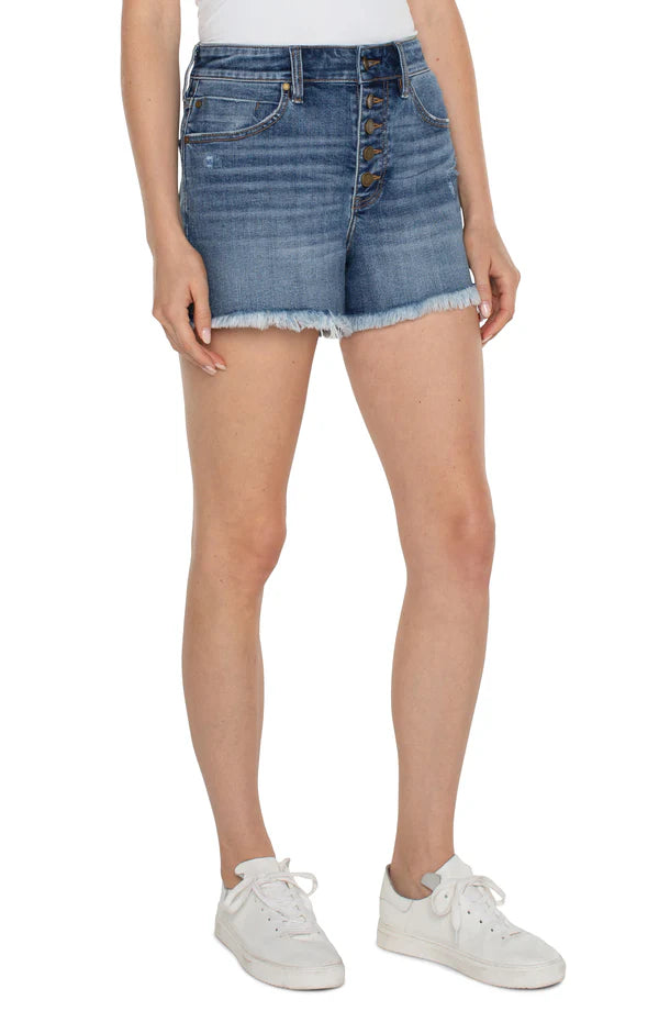 Christine High Rise A-Line Short W/ Exposed Buttons/Fray Hem