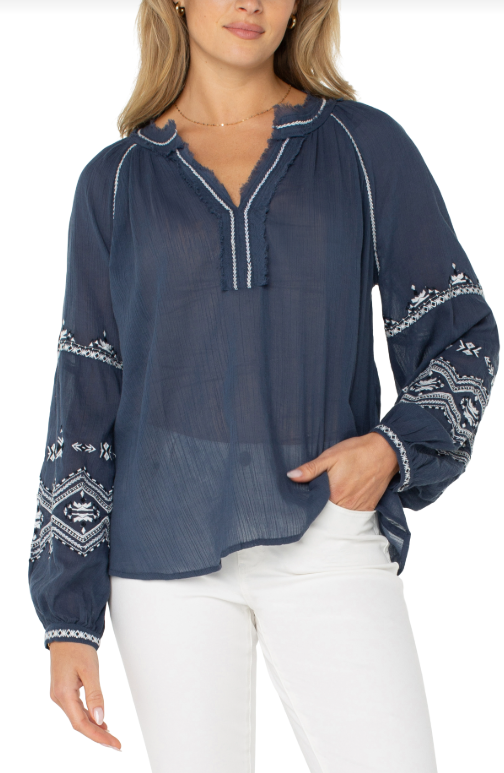 Long Sleeve Raglan Woven Blouse W/Embroidery LM8F83WV57E1