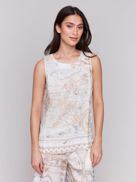 Border Printed Sleeveless Linen Top C4623