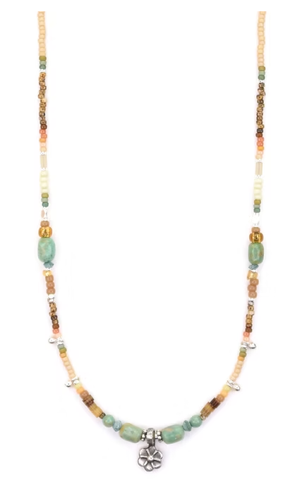 Necklace 16&quot; Sterling Silver, Antique Silver Charm, Turquoise, Shell Heishe, Salmon Coral Assorted Glass Seed Beads NK7080