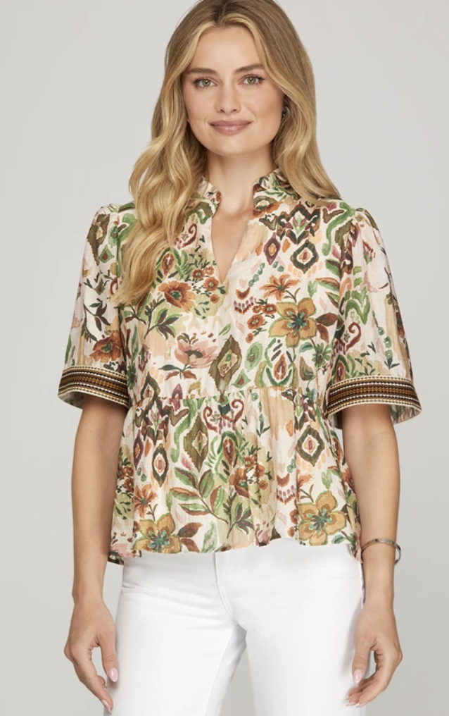 Half Sleeve Woven Print Top W/Trim Detail SY9276