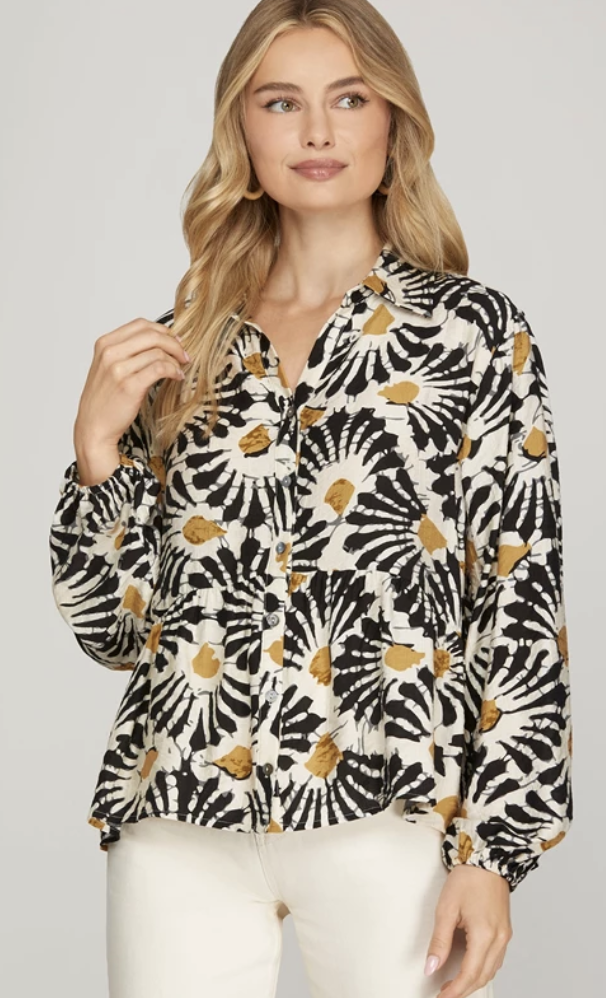 Long Sleeve Woven Print Top SY9320