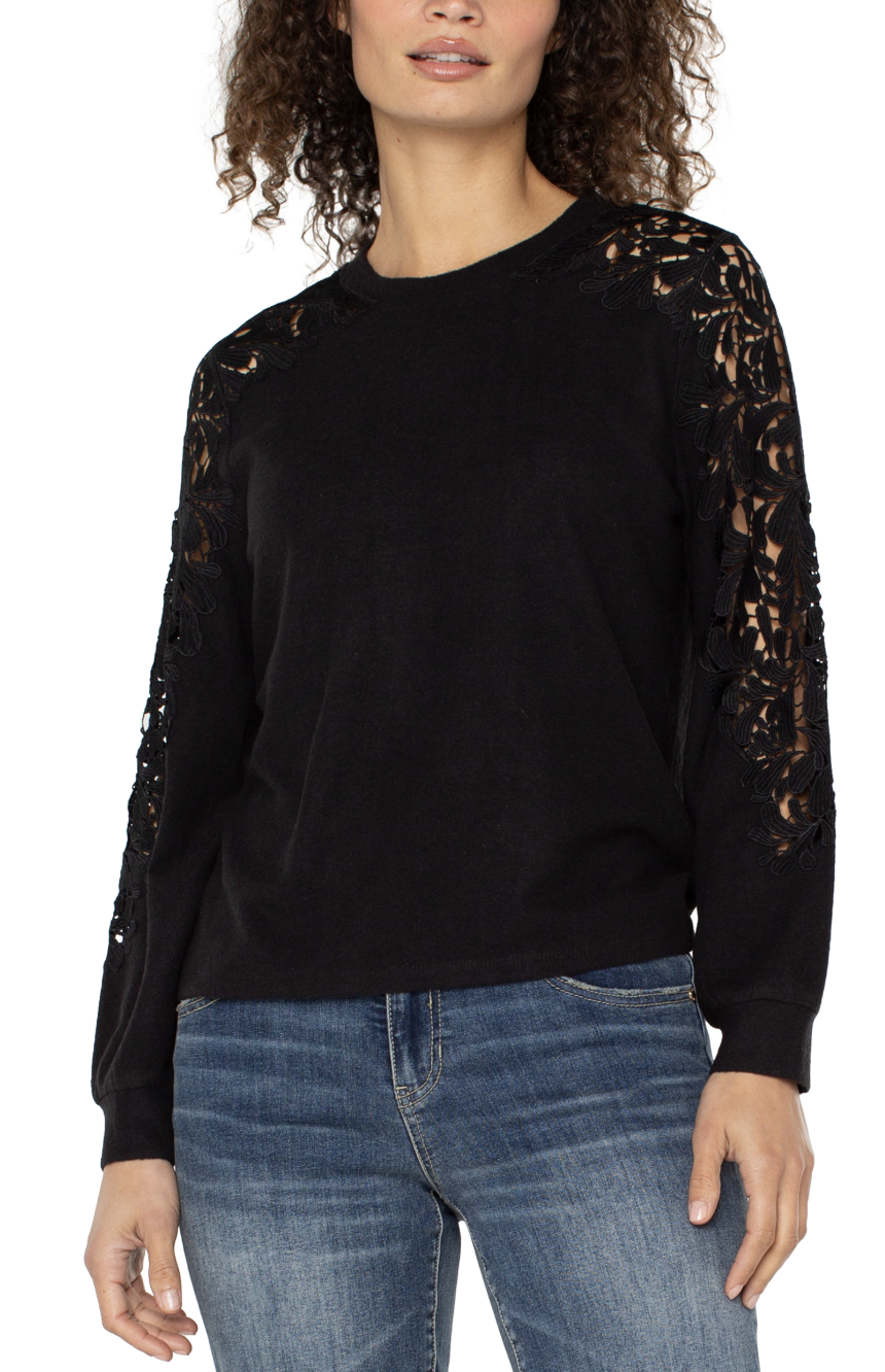 Long Sleeve Crew Neck Lace Inset Knit Top LM8H89KN20